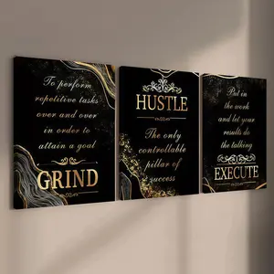 3-count wooden frame canvas, black and gold texture inspiring three-piece decorative poster, perfect living room and bedroom decoration, fashionable family poster, modern wall art, office