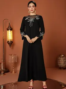 Elegant Embroidered Evening Gown, Round Neck Dress with Floral Beading & Mesh Design, Perfect for Formal Events