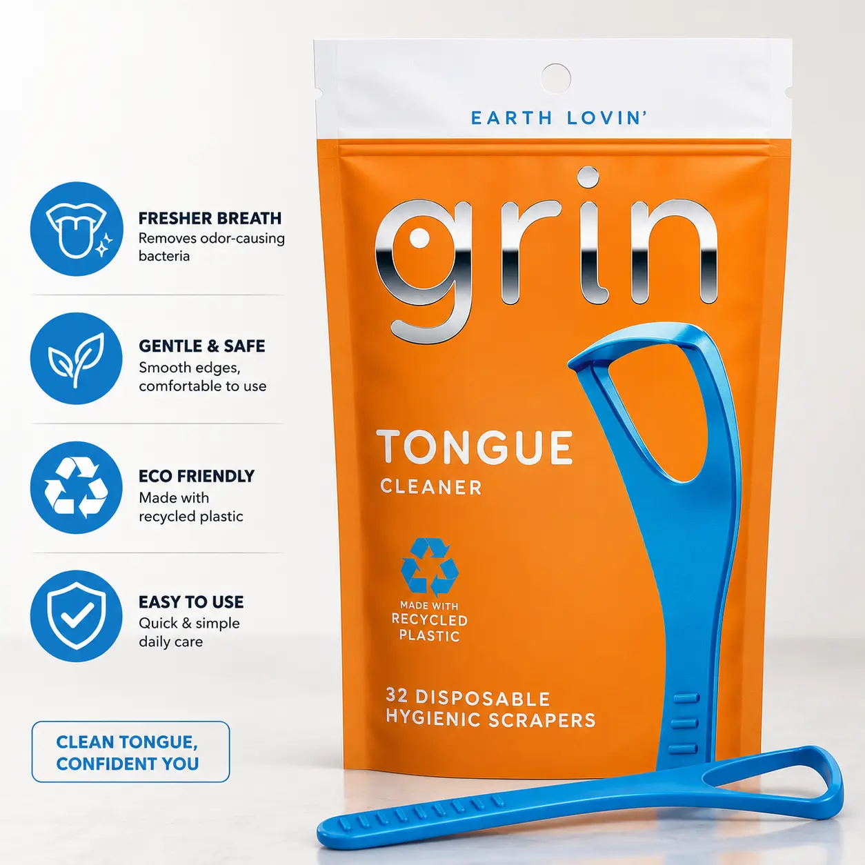 GRIN Disposable Tongue Cleaner (32 Count) - Recycled Plastic Hygienic Scraper with Safe Fold-Back Toothpick for Fresh Breath & Oral Care