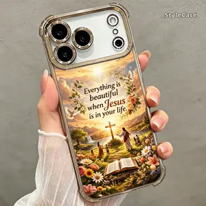 Jesus Inspirational Phone Case for iPhone 17 16 15 14 13 12 11 Pro Max Plus Air, Garden Cross Clear TPU Shockproof Metallic Cover DDSJ260627033