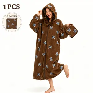 Women's Bow Print Wearable Blanket, Ultra-Large Hooded Zipper Lamb Fleece Blanket, Soft Plush Robe, Free Towel, Comfortable Dorm Homewear Christmas Gift