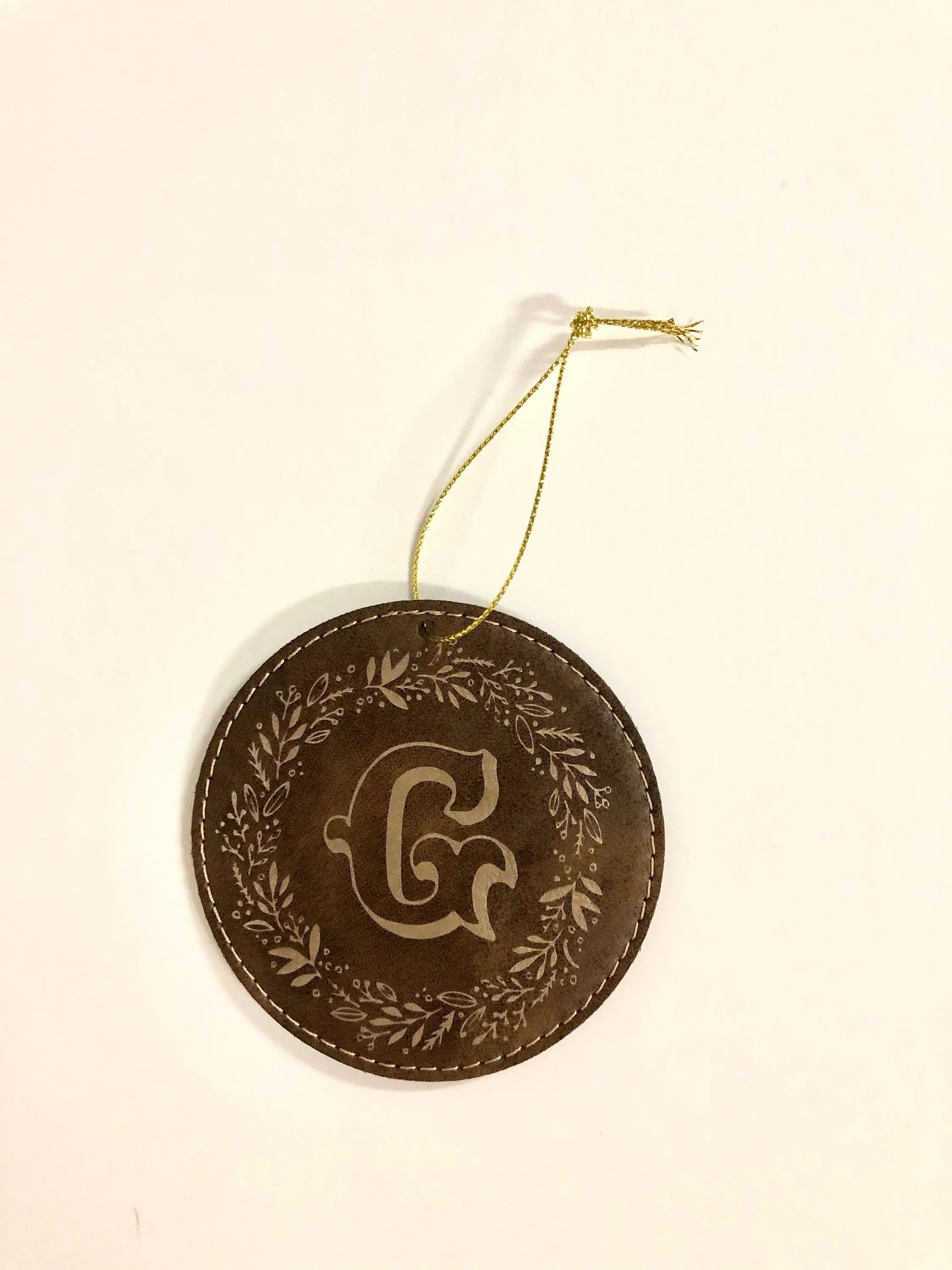 Brown Leather Christmas Ornaments with gold initial design