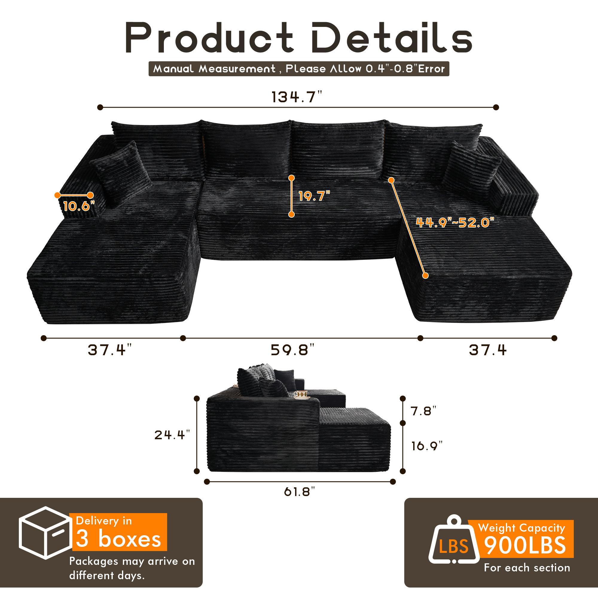 135" Oversized U Shaped Cloud Couch Sectional Sofa with Chaise Modern Modular Sofa with Lounge Chairs Upholstered Boneless Couches for Living Room Bedroom Plush Corduroy Fabric【3 Packages Shipping】