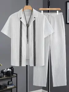 Men's Summer 2-Piece Set, Textured Striped Suit Collar Button Short Sleeve Shirt + Drawstring Sport Pants, Casual Fashion, Beach Vacation Wear