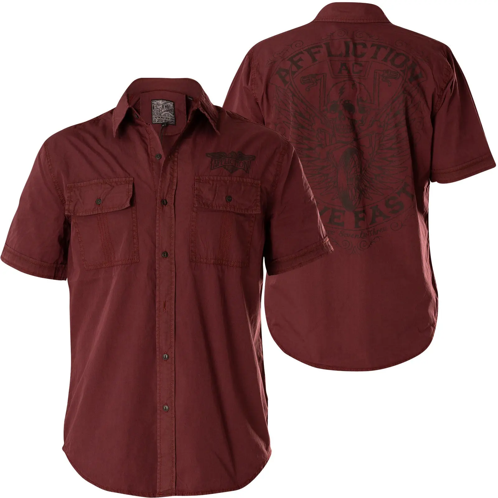 Affliction Men's Territorial Short-Sleeve 100% Cotton Casual Menswear Shirt - Button-Front, Pocket, Graphic Print Top with Elaborate Back Design (Wine Red)