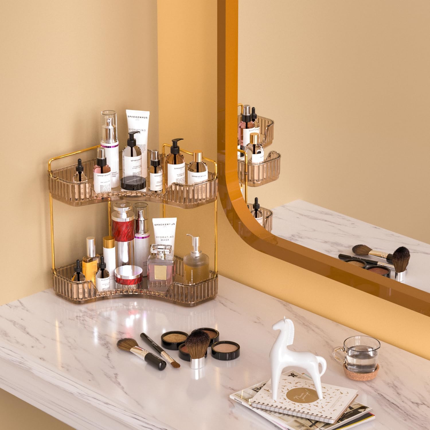 2-Tier Corner Bathroom Organizer with Perfume Tray – Space Saving Vanity Storage Rack for Makeup, Skincare & Countertop (Amber)
