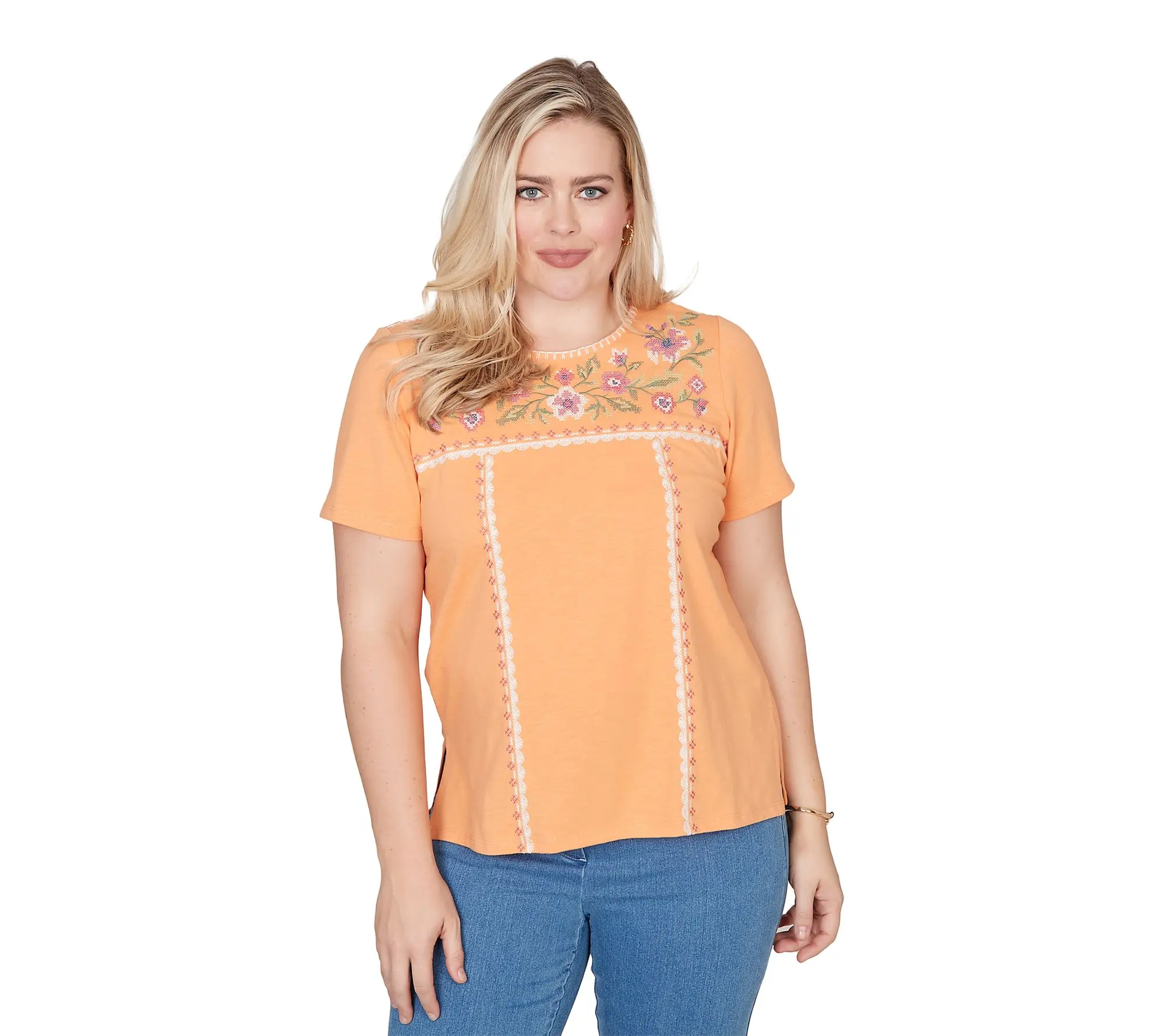 Alfred Dunner Women's Embroidered Floral Neck Short Sleeve Tee