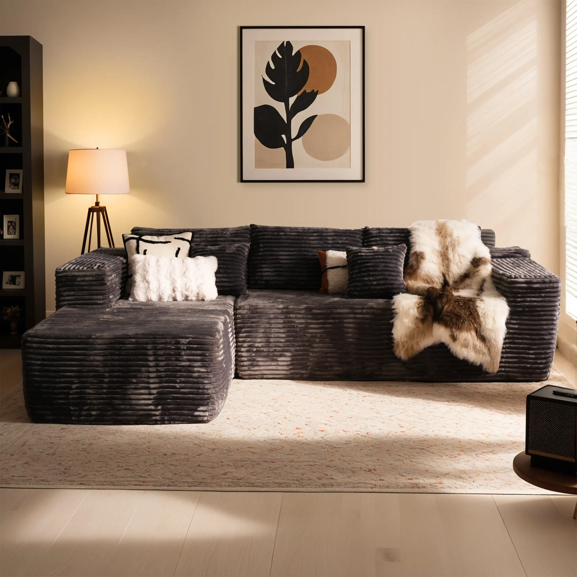 Grey Plush Corduroy Left Chaise| L-Shaped Sofa