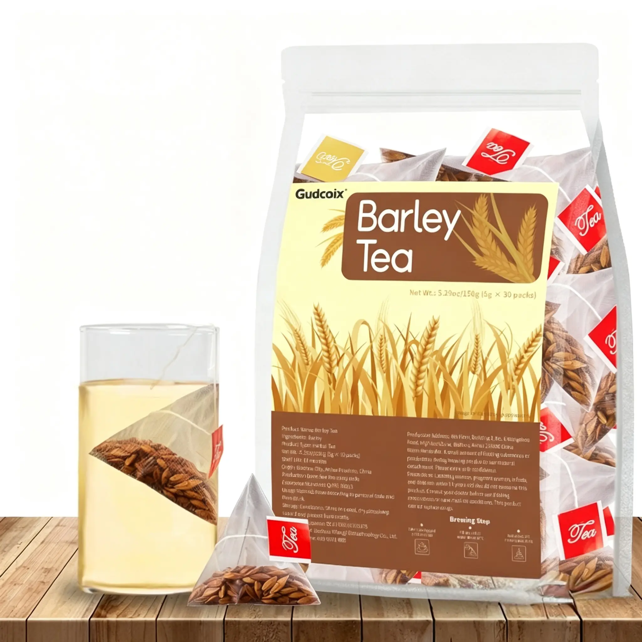 Gudcoix Barley Tea – 30 Tea Bags, 150g (5.29oz), Caffeine-Free, Roasted Korean-Style Barley Herbal Tea, Individally Wrapped