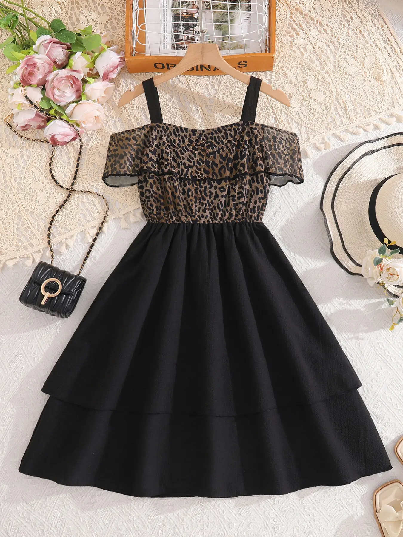 Girls Leopard Print Layered Midi Dress with Spaghetti Straps, Tiered Skirt Dress, Summer Dress, Stylish and Trendy for Everyday Wear and Vacations