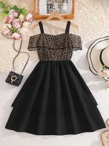 Girls Leopard Print Layered Midi Dress with Spaghetti Straps, Stylish and Trendy for Everyday Wear and Vacations