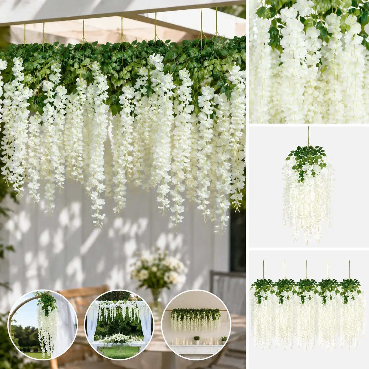 3.6 FT White Artificial Wisteria Flowers Hanging Garland Vine | Bulk Silk Fake Wisteria String Floral for Wedding Arch Party Backdrop Home Porch Garden Pergola Ceiling Wall Hanging Decor
