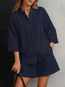 ZANZEA Women's Stand Collar Three-Quarter Sleeve Button-Up Top and Casual Shorts Set, Two-Piece, Korean Style, Daily Commute Wear, Womenswear
