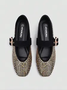 Women's Mary Jane Flat Shoes, Walking Shoes, & Rivet Design, Comfortable Daily Wear, Party Style Footwear, Metal Buckle Strap, Square Toe Flats, Casual Flats, Stud Embellishment, Rubber