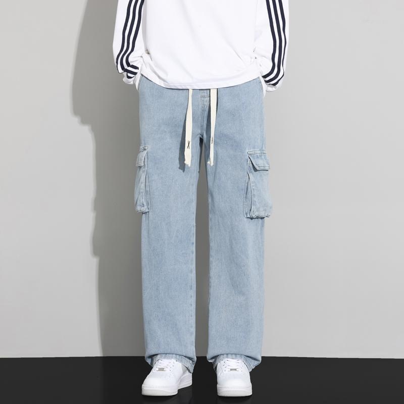 Men's Spring & Autumn Loose-Fit Cargo Jeans, Trendy Retro Light-Wash Casual Trousers, American Street Style Straight-Leg Pants with Large Pockets and Drawstring Waist