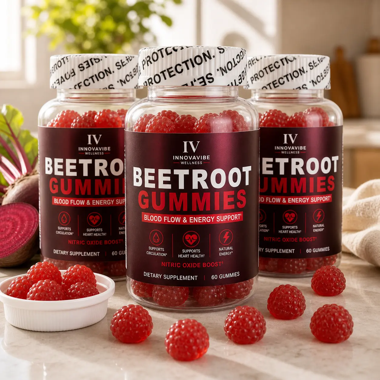 INNOVAVIBE 3-Pack Natural Beetroot Raspberry Berry Flavor Chewable Gummy Vitamins Supplements - Daily Energy, Active Wellness Support