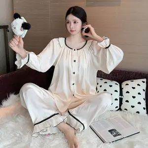 2025 Spring New Style Contrasting Color Silk Patchwork Ice Silk Pajamas, High-End French Sweet Style, Suitable for Outdoor Wear, Women's Homewear