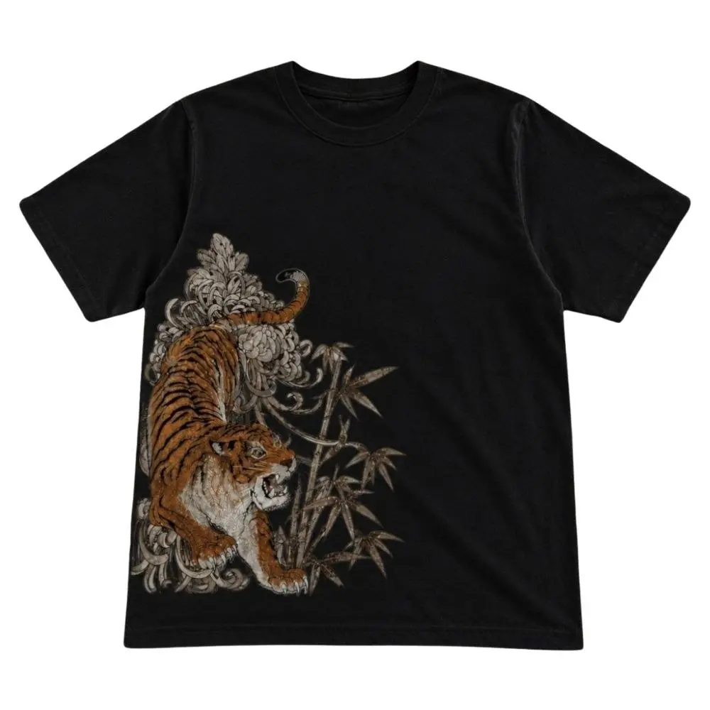 Vintage Tiger and Bamboo Graphic T-Shirt, Japanese Style Big Cat Tee, Floral Wildlife Shirt, Unisex Asian Art Gift, Nature Lover Gift, Crew Neck Shirt, Trending Shirt