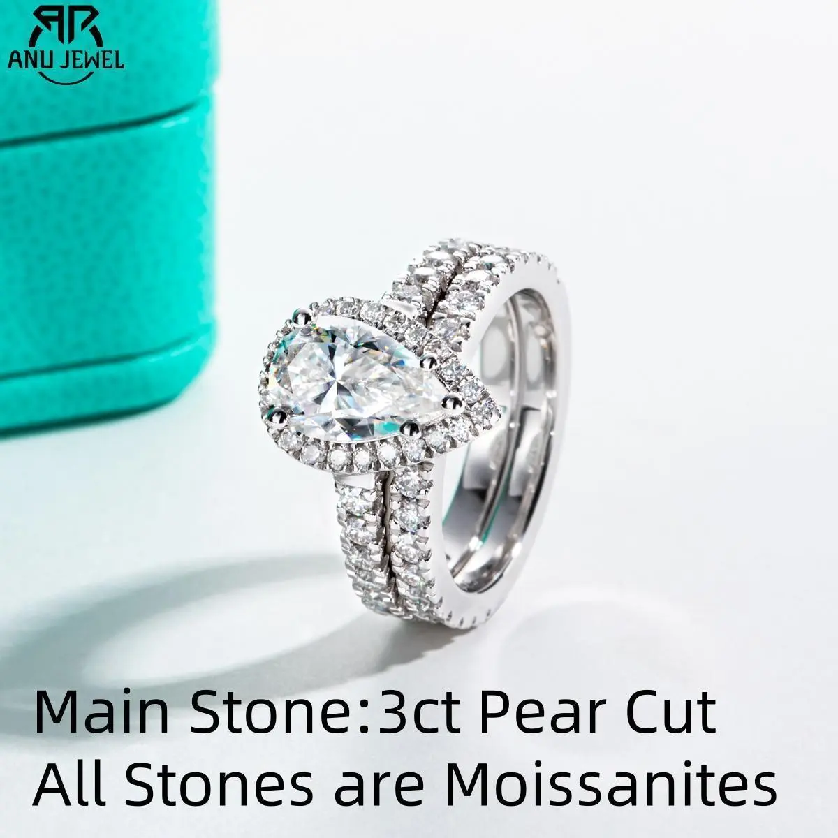 AnuJewel 3ct Pear Cut D Color Moissanite Halo Bridal Ring Set Wedding Band Silver Rings Anniversary Jewelry Gift Wholesale