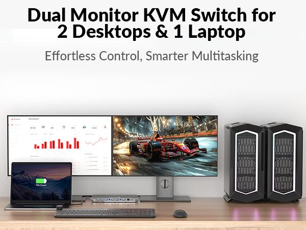 AV Access KD-E30 KVM Switch Docking Station for 2 Desktops & 1 Laptop, Dual 4K HDMI Monitors, 100W USB-C Charging, EDID, 10-in-1 USB-C Dock, 1G Stable Internet