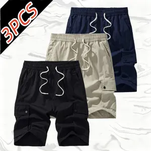 3-pack men’s elastic drawstring cargo shorts, lightweight quick-dry breathable woven fabric, snap flap side pockets, black khaki blue gray camouflage five colors loose straight casual mid-length shorts