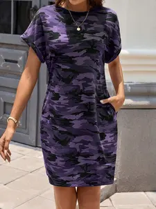 Plus Size Women's Camouflage Batwing Short Sleeve Dress, Loose Fit Casual All over Print, Fashionable and Comfortable Daily Wear