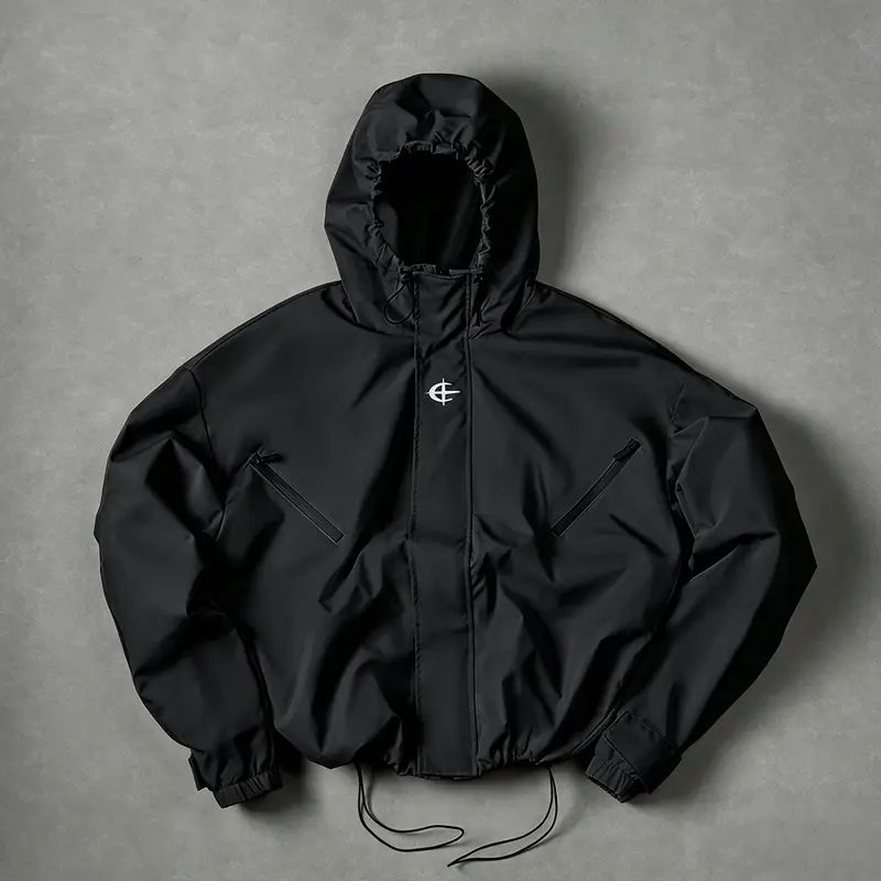 Y2K men’s solid-color loose-fit hooded windproof jacket, hip-hop functional street-style zip-up outerwear, lightweight windbreaker casual jacket with zippered pockets, trendy everyday outdoor men’s jacket.