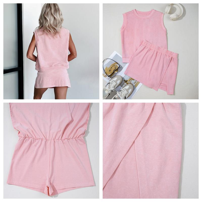 Light Pink 2 Pieces Mineral Wash Cotton Tank Top Lined Split Skirt Set