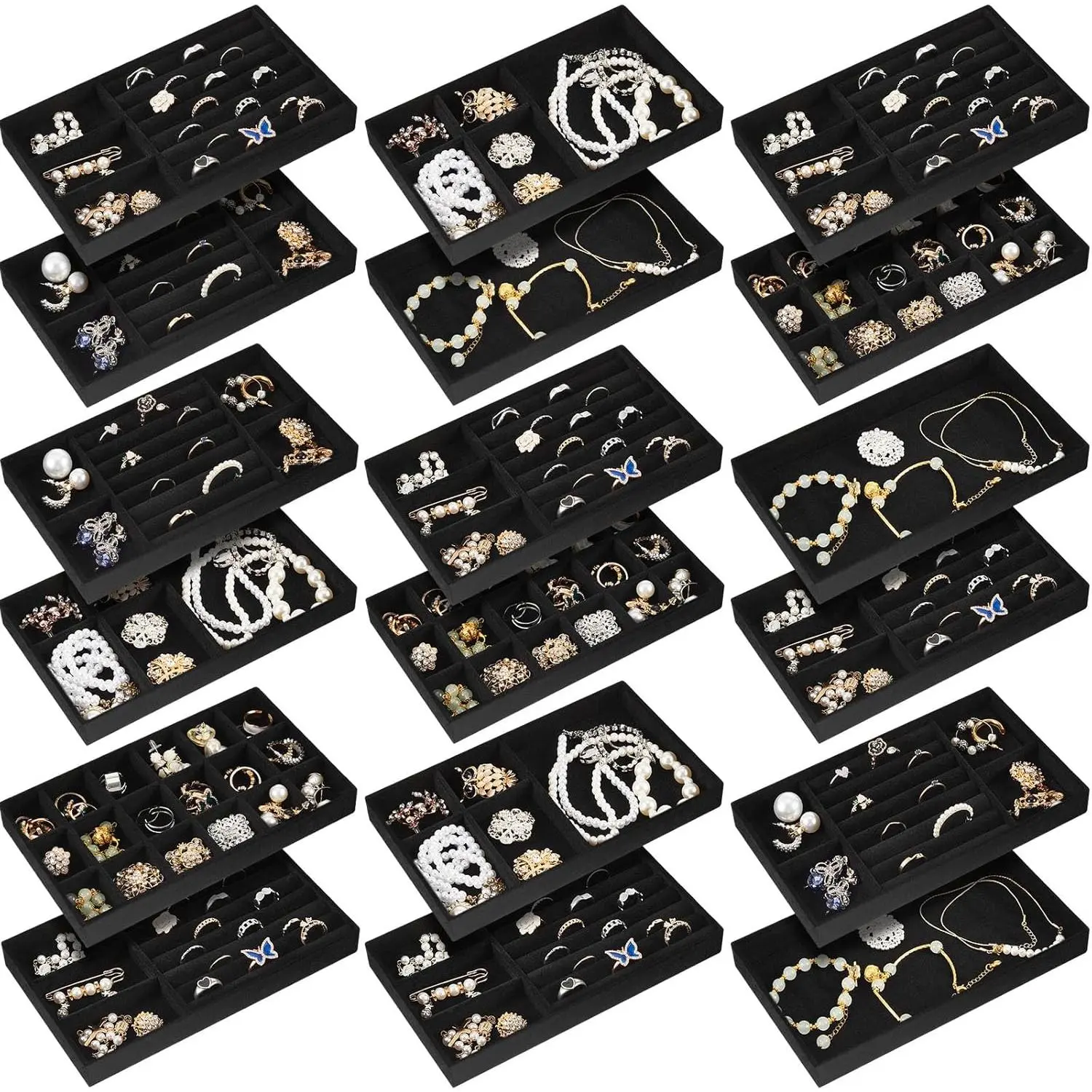 18 count   Tray Stackable  Drawer Organizer Jewellery Box Divided Display Tray for Earring Bangle(Black)