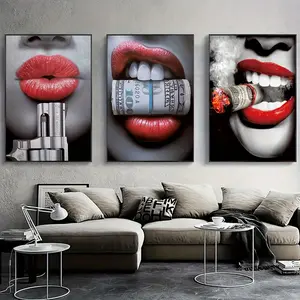 3 items: canvas painting, sexy lips, modern art wall hanging, art poster. Wall decoration, home decoration, wall art, room decoration, home decoration, bar decoration, frameless, wrapped edge frame