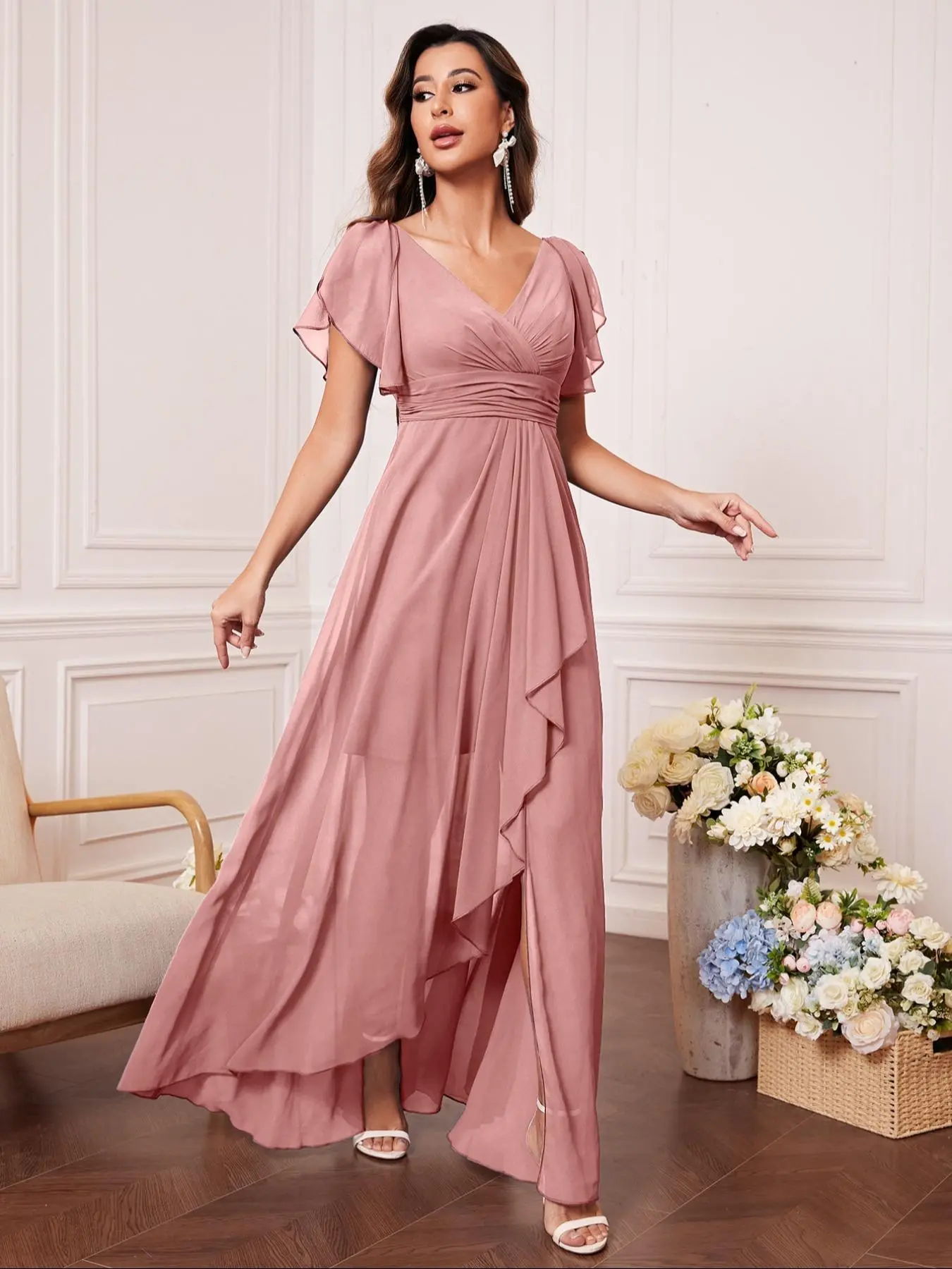 Women's Plain Butterfly Sleeve Chiffon Bridesmaid Dress, Elegant Off Shoulder Ruffle Trim Long Dress for Party Wedding Guest, Ladies Clothes for Evening Formal Occasions Womenswear - TikTok Shop Women's Plain Butterfly Sleeve Chiffon Bridesmaid Dress, Elegant Off Shoulder Ruffle Trim Long Dress for Party Wedding Guest, Ladies Clothes for Evening Formal Occasions Womenswear - TikTok Shop