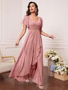 Women's Plain Butterfly Sleeve Chiffon Bridesmaid Dress, Elegant Off Shoulder Ruffle Trim Long Dress for Party Wedding Guest, Ladies Clothes for Evening Formal Occasions