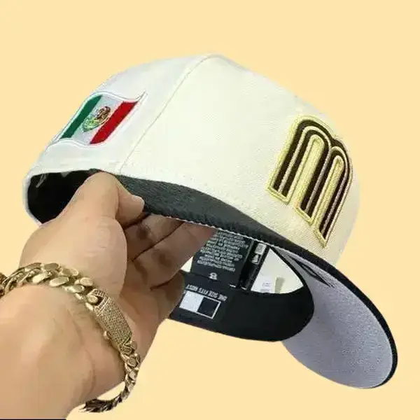 Vintage Letter M Two Tone Baseball Hat | Cream Off-White Flat Brim Cap | Grey Undervisor Outdoor Travel Snapback