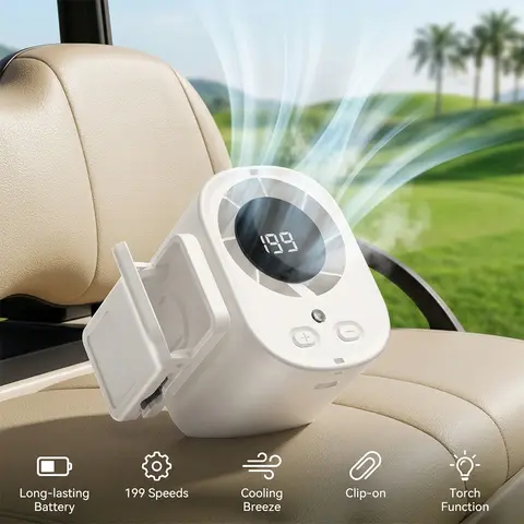 【Toolupgrade】ABS Battery-Powered Adjustable Cooling Fan, Mini Portable Clip-On USB Fan with 100-Speed Airflow, LED Digital Display, 1200mAh Rechargeable Battery, 300g Lightweight, Torch Function for Travel, Outdoor Use