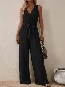 Women's Ruched Belted Tank Jumpsuit, Casual Surplice Neck Straight Leg Jumpsuit, Ladies Clothes for Daily Wear