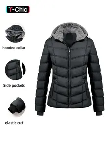Women's Fall Winter Hooded Puffer Jacket, Long Sleeve, Casual Fitted Design, Fashionable Zipper Pocket Outerwear, Comfortable and Stylish