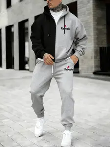 Men's Large Hooded Zipper Patchwork Jacket Set, Casual Long Sleeve Fitted Design, Fall & Winter Essential, Perfect Gift