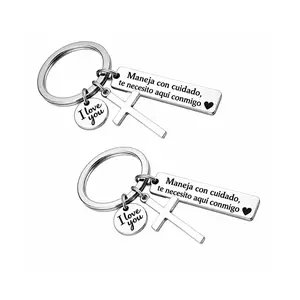 Maneja Con Cuidado Te Necesito Aquí Conmigo Keychain with Cross & I Love You Charm, Spanish Drive Safe Keychain, Christian Cross Keychain for Men Boyfriend Husband