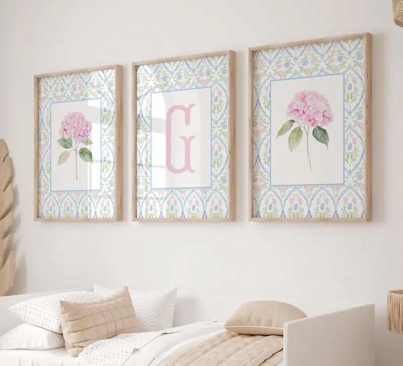 [Sale off up to 55%] [Free ship] Set of 3 Pink Hydrangea Prints, Chinoiserie Wall Art, Hydrangea Print, Grand Millennial Art, Personalized Initial Botanical Art