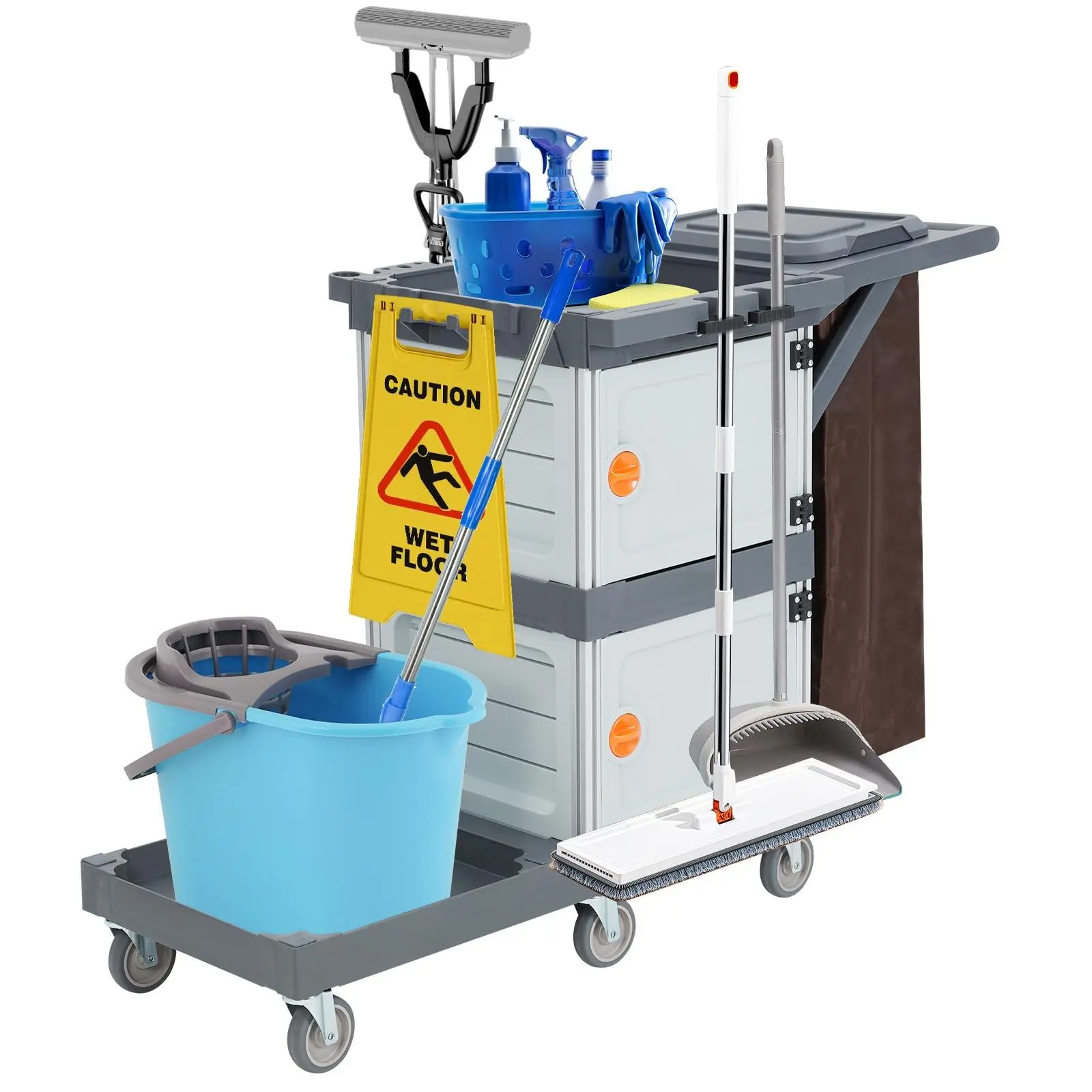 Commercial Cleaning Cart with 2 Cabinets, 3 Shelves with 6 Wheels and Vinyl Bag for Office, Hotel, 300 lb Capacity