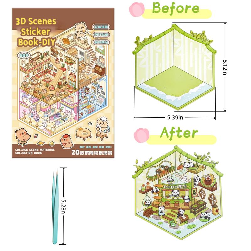 20 Sets DIY 3D House Stickers Scene Collection Book for Kids Adults, with Tweezers Make Your Own Shop House Stickers Therapy for Adult Relief Stress
