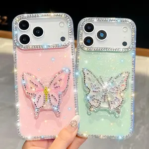 For iphone 17 16 15 14 13 Pro Max 16 16promax 17pro Butterfly Diamond Bling Stand Holder Phone Case Luxury Cover