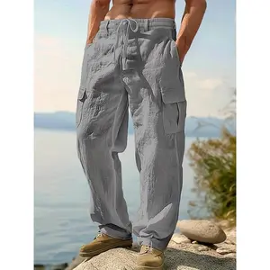 Men'S Lightweight Breathable Linen Cargo Pants - Loose Fit Straight-Leg with Multiple Pockets, Drawstring Waist, Olive Green & White, Perfect for Beach, Outdoor, and Casual Wear, Beach Pants |       Straight Leg Pants |       Linen Fabric Menswear Plain