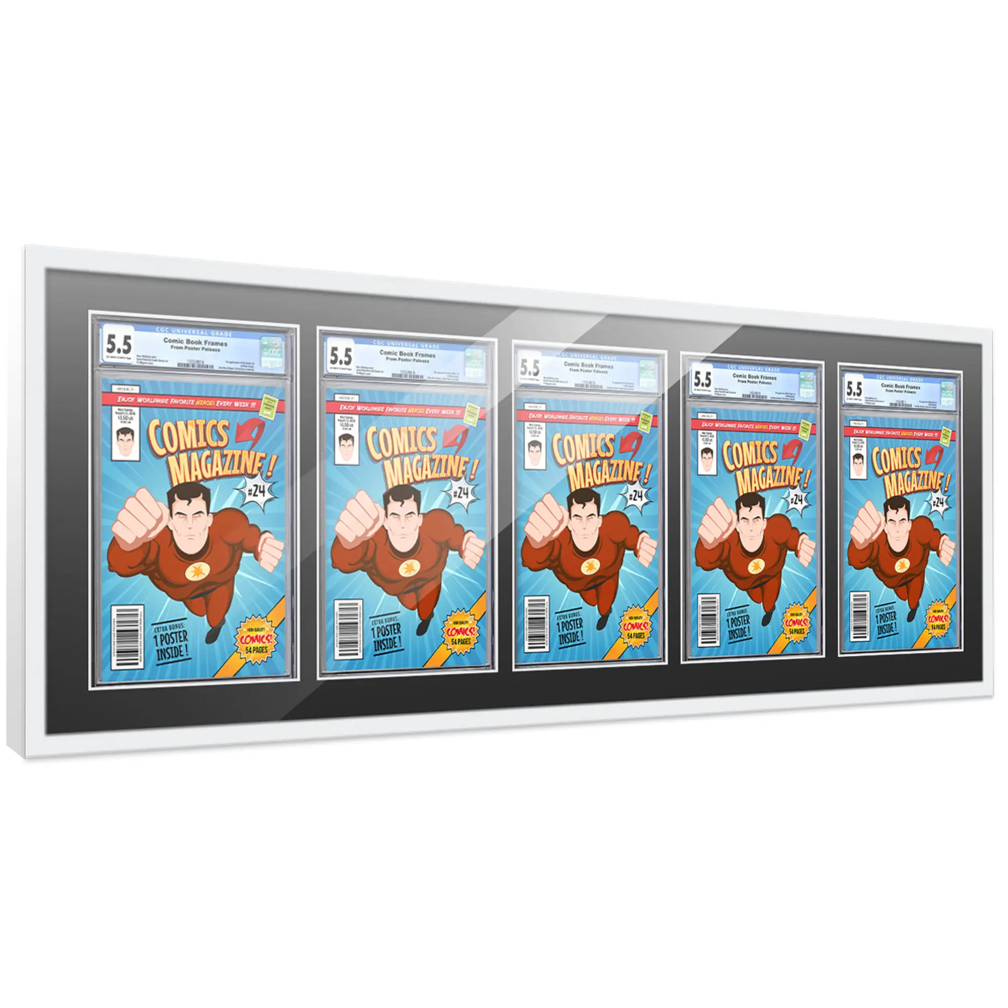 Comic Book Frame with Mat for 5 Graded Comics - White Wood Comic Frame With Black Mat for 8.125x13 Comics - 44x15 Frame Size