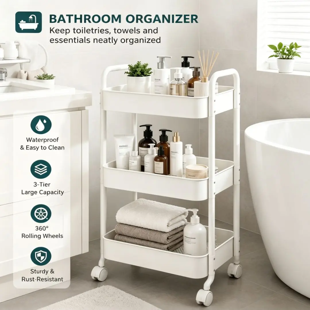 3-Tier Rolling Storage Cart with Wheels, Bathroom Organizer Cart, Narrow Utility Cart for Small Spaces, Kitchen Storage Shelf, Laundry Room Organizer, Bedside Storage Rack, Easy Assembly, Space Saving Organizer for Dorm, Apartment, Bedroom, White/Pink