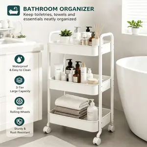 3-Tier Rolling Storage Cart with Wheels, Bathroom Organizer Cart, Narrow Utility Cart for Small Spaces, Kitchen Storage Shelf, Laundry Room Organizer, Bedside Storage Rack, Easy Assembly, Space Saving Organizer for Dorm, Apartment, Bedroom, White/Pink