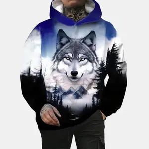 Men's Wolf Print Hoodie with Kangaroo Pocket, Casual Fall & Winter Pullover, Polyester Blend, Comfortable Loose Fit