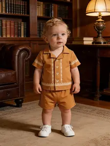 Baby Boys Summer Short Sleeve Fitted Set, Soft Cute Collar Shirt & Shorts Two-Piece, Breathable Casual Summer