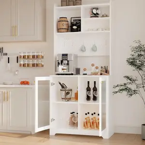 71" Tall Farmhouse Kitchen Pantry Storage Cabinet with Sideboards, Microwave Stand & Adjustable Open Shelves