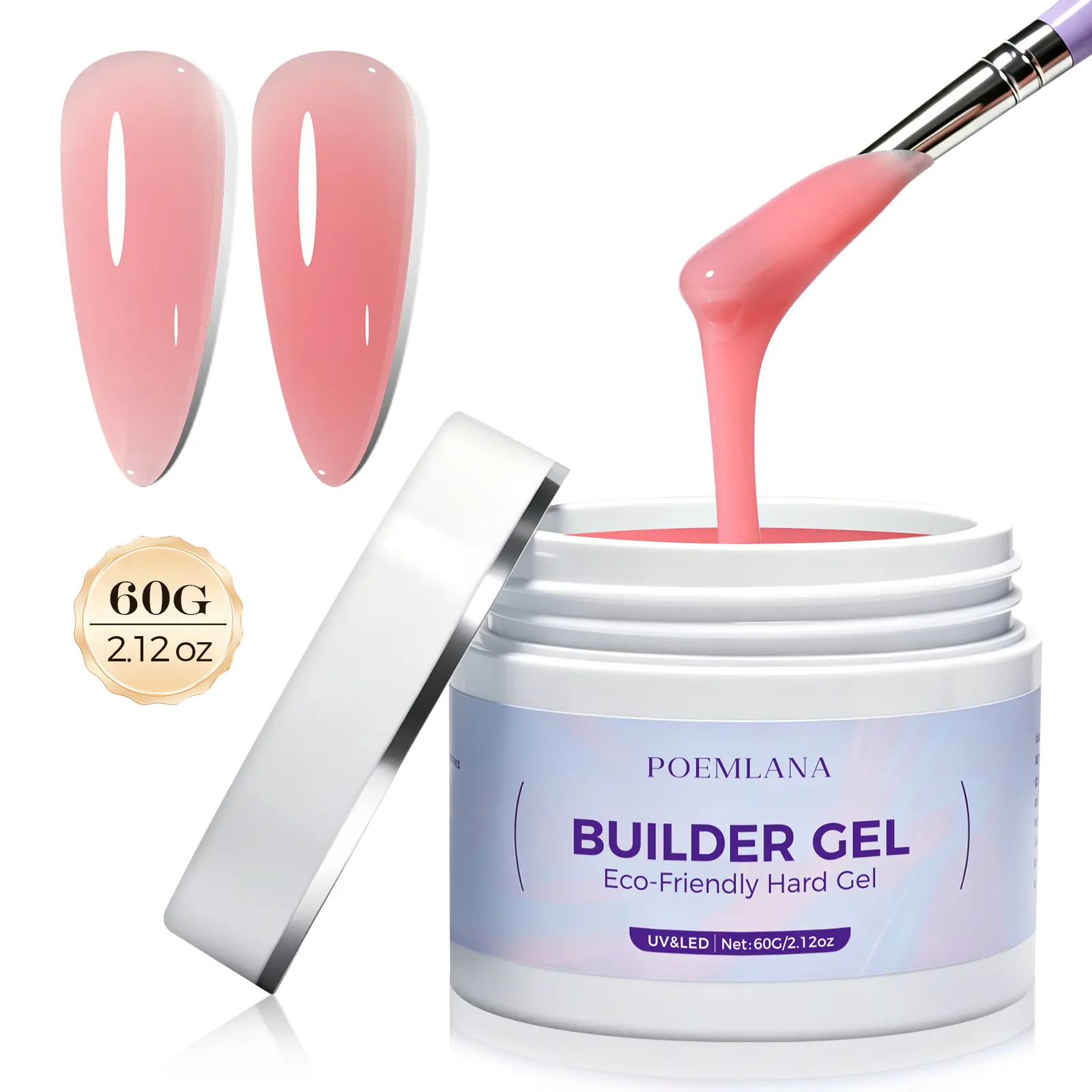 POEMLANA 60G Builder Gel for Nails - 2.12oz Light Pink Nail Builder Gel for Nail Extension Nail Art Manicure Starter for Professional Nails Salon Home DIY